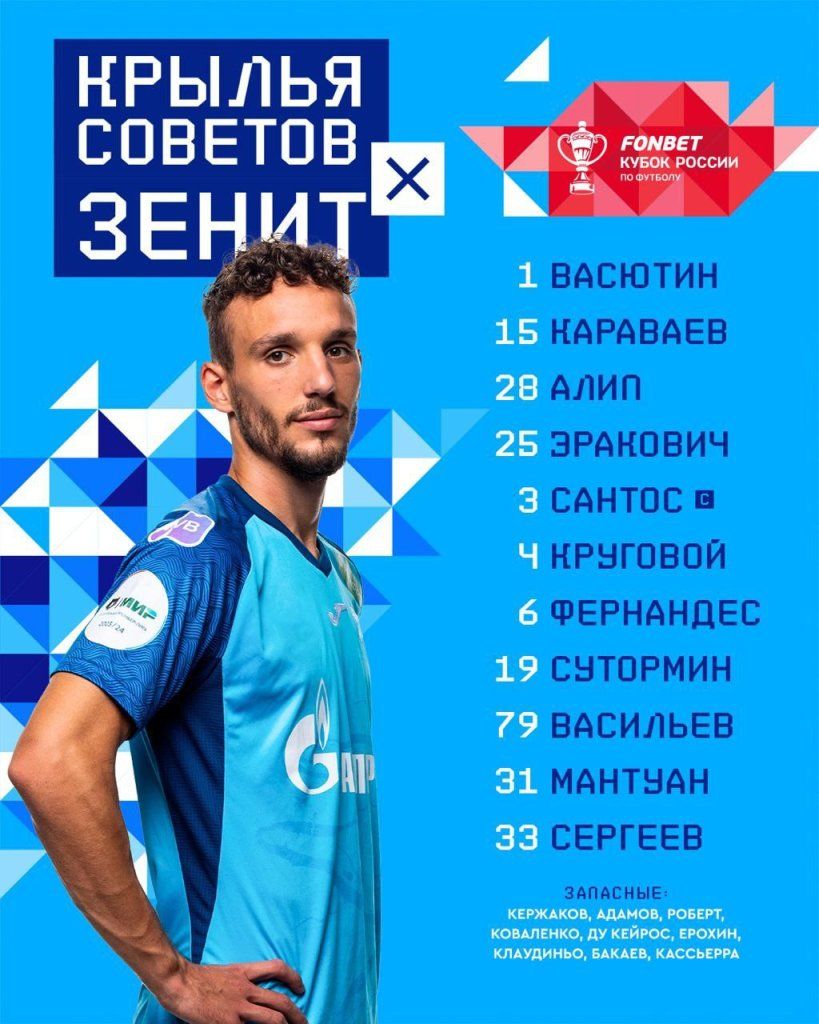 Состав «Зенита» на матч с «Крыльями Советов»