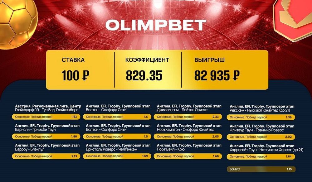Клиент Olimpbet сорвал куш со ставки в 100 рублей Клиент Olimpbet сорвал куш со ставки в 100 рублей