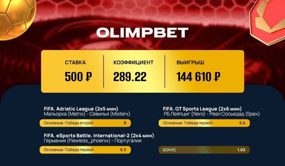 144 610 рублей принес клиенту OLIMPBET экспресс на киберфутбол