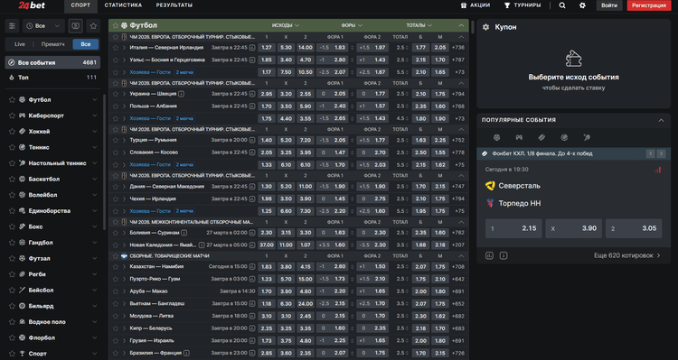Линия букмекера включает в себя порядка 30 видов спорта