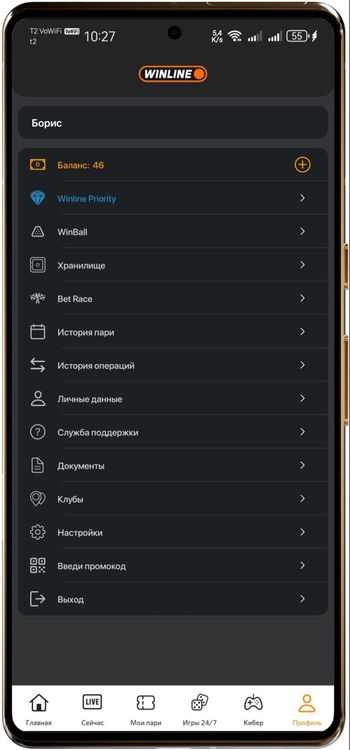 Содержимое меню «Профиль» после авторизации в личном кабинете