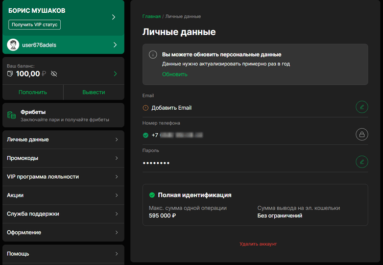 Информация профиля Лига Ставок