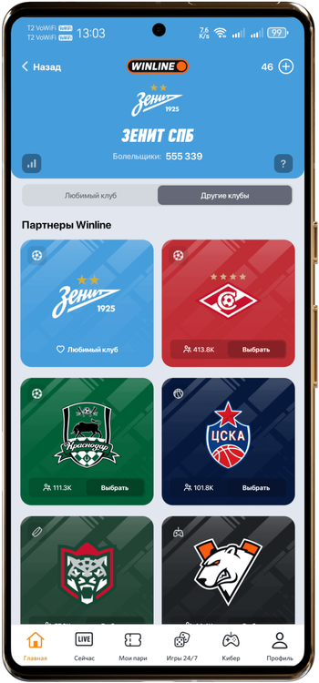 Любимый клуб можно выбрать среди футбольных