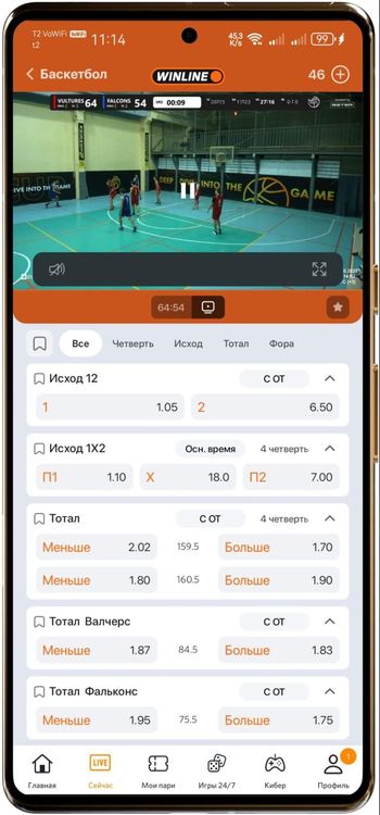 Онлайн трансляции в приложении Винлайн можно смотреть после авторизации в профиле
